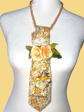 Peach Floral Statement Necklace with Fabric Rose Tie